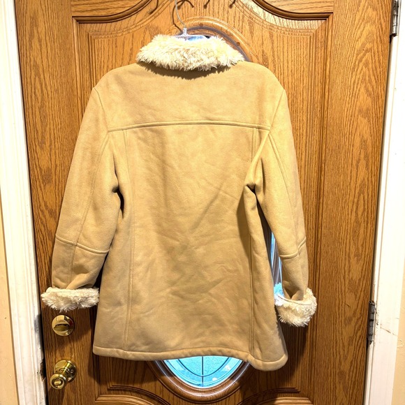 Liz Claiborne Faux Suede Coat Jacket Faux Fur‎ Collar Cuffs Tan Medium M - Picture 2 of 10